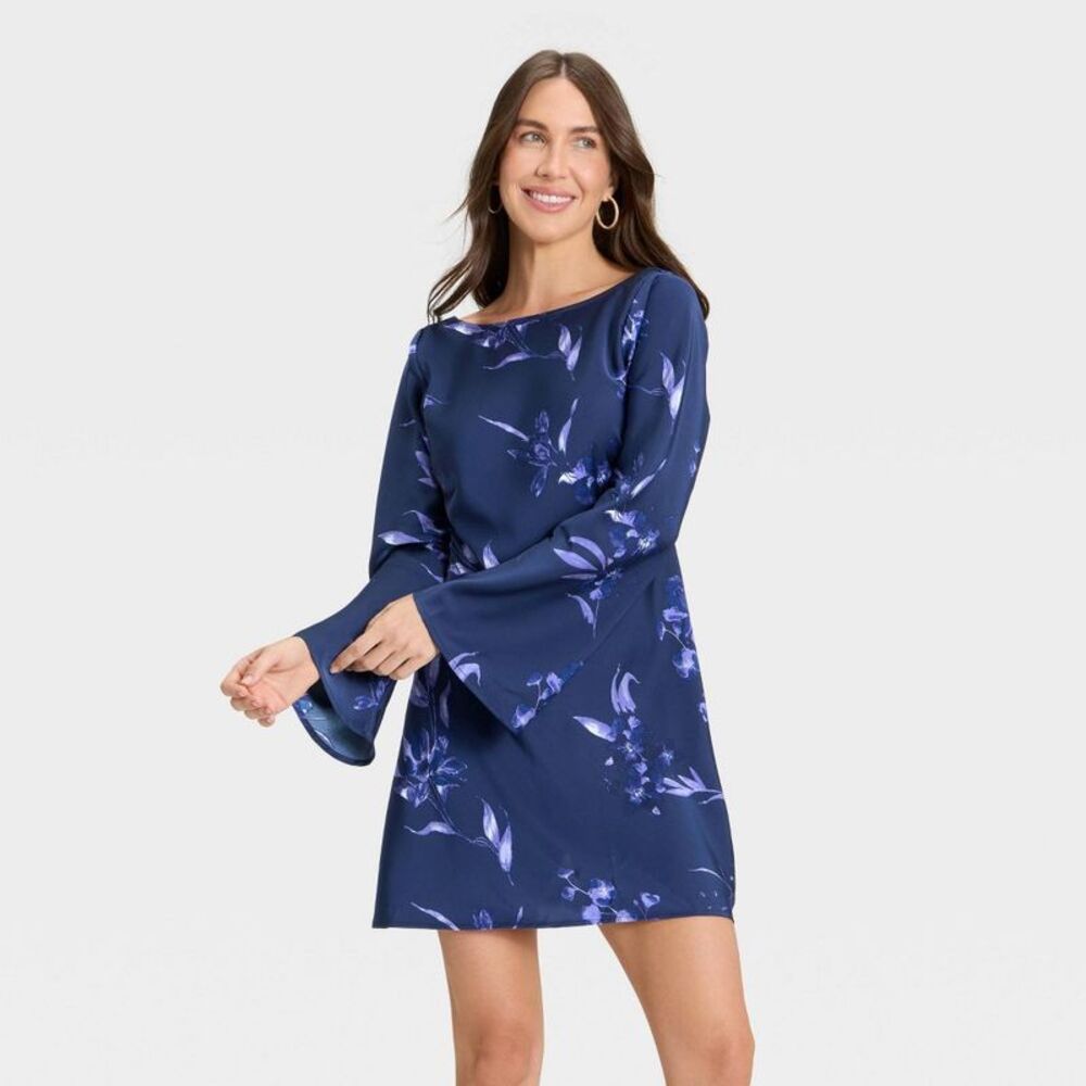 Women's Twist Back Mini Dress - A New Day Blue Floral XS